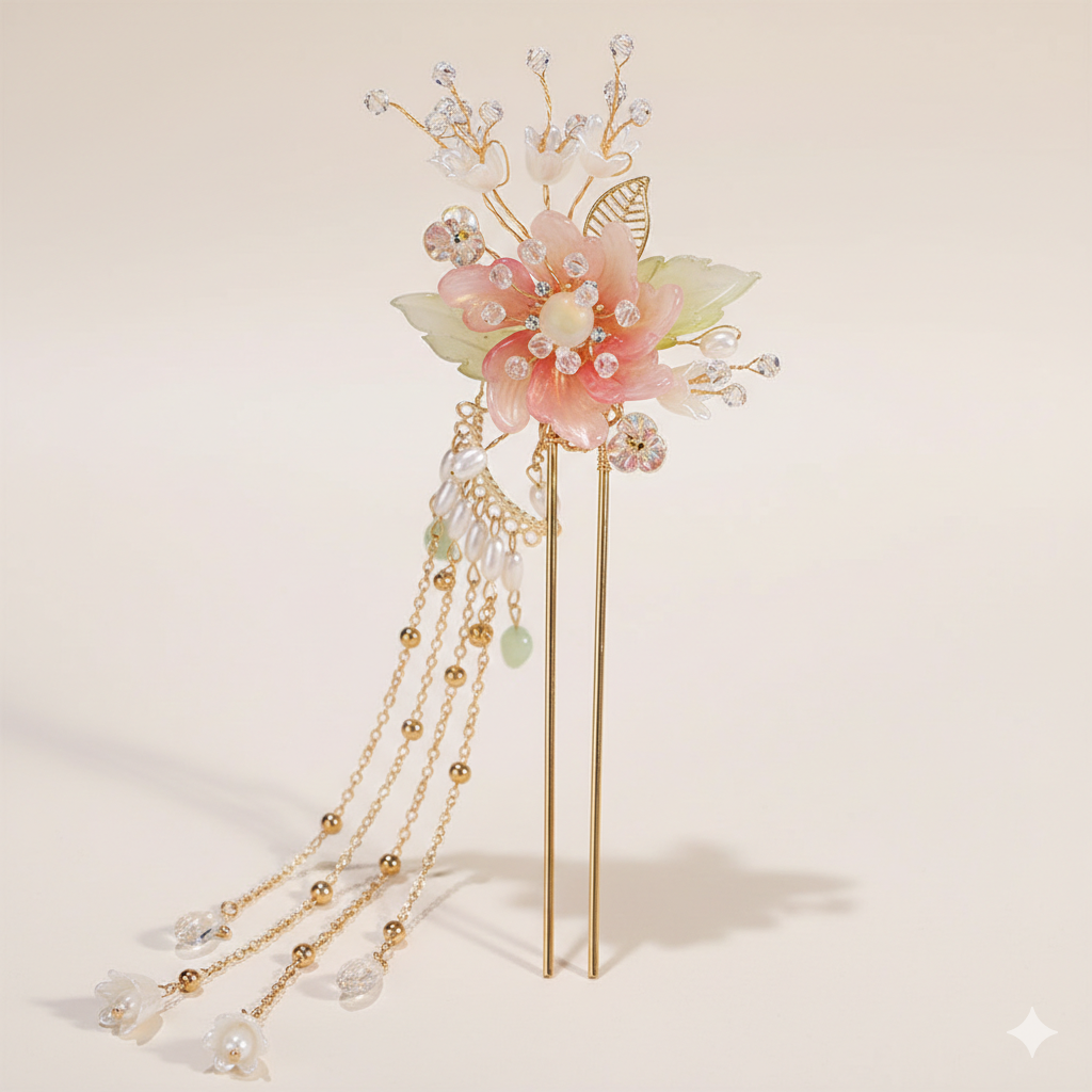 Elegant Pink Flower Hair Pin U Shaped Floral Hair Sticks Forks Pearls Chain Tassel Hairclips Woman Girls Step Shake Hair Jewelry