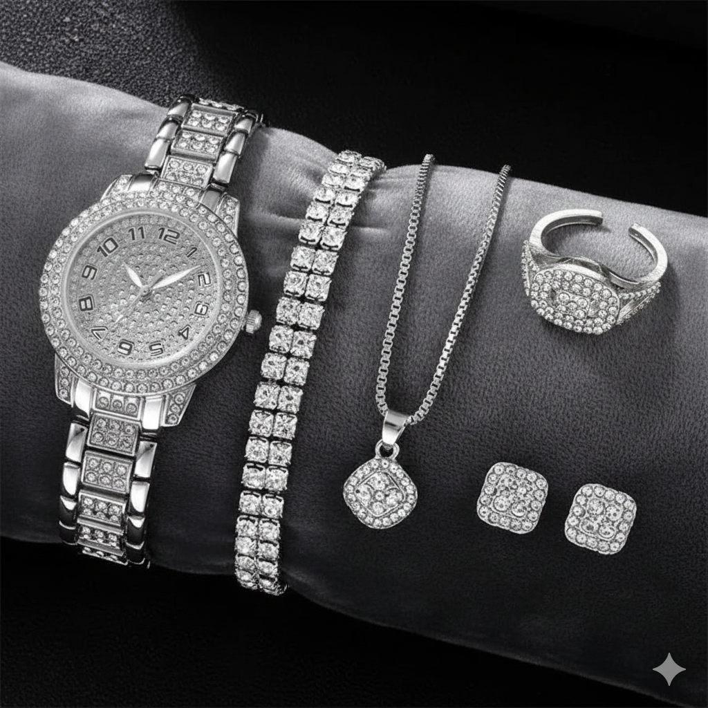 6PCS Women Watch Luxury Elegant Alloy Watch Crystal Wristwatch For Ladies Gift Quartz Watch Alloy Rhinestone Bracelet Montre