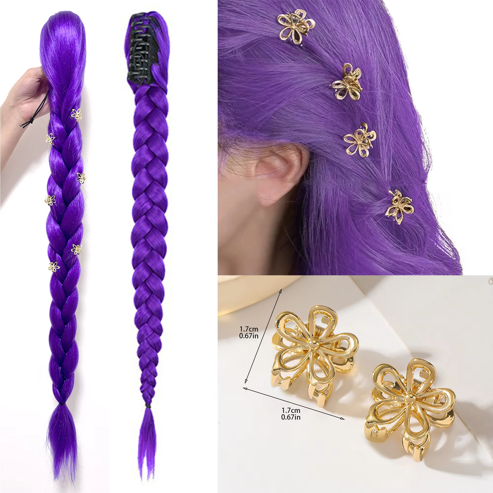 26inch Purple Braid Clip in Ponytail Hair Extension Long Ponytail Synthetic Hairpieces Cosplay for Kids Girl Halloween Christmas