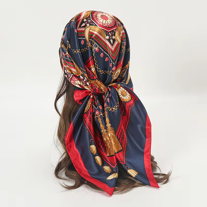 Fashion Satin Square Scarf Women Muslim Hijab Elegant 2026 Chains Design Neckerchief Shawl Wraps Headband Female Handle Bandana