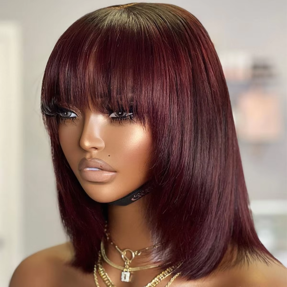 Short Bob Wig Layered with Bangs Straight Human Hair Bob with Bangs 400 Density Wig Human Hair Straight 99j Bob Wig For Women