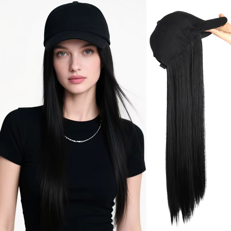 Synthetic Hat Wig with Long Straight Hair Baseball Cap Hair Extension Adjustable Style Convenient All-in-One Design for Women