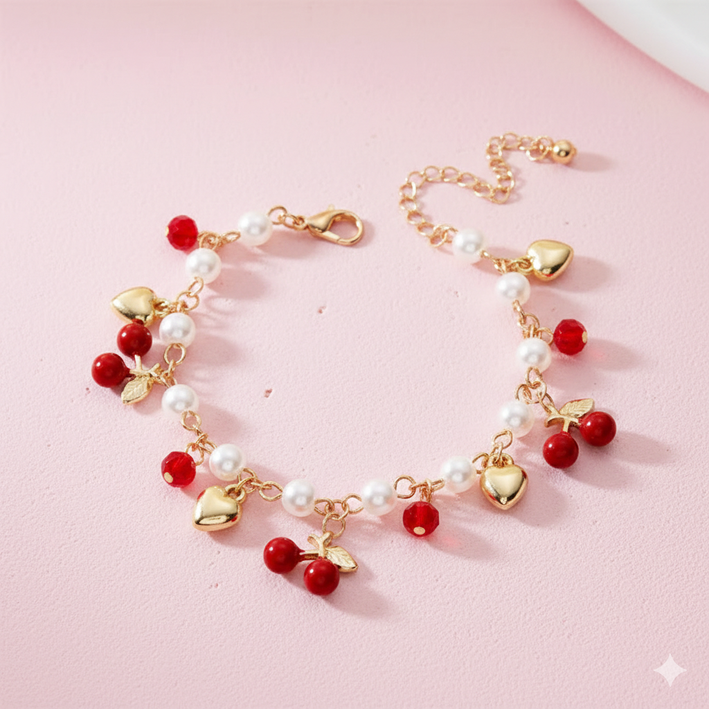 Sweet Cute Red Strawberry Cherry Heart Pearl Charm Bracelet New Fashion Y2K Fruit Gold Color Chain Jewelry Party Gifts 2025