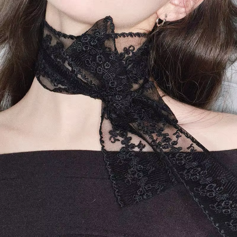 1PC Sweet Flower Lace Neck Strap Dressing Decoration Korean Style Hair Band Neckerchief Transparent Long Ribbon Head Scarf