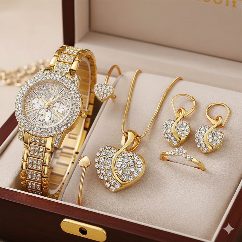 Women's Quartz Watch Gold Luxury Women Ring Necklace Earring Rhinestone Fashion Wristwatch Casual Ladies Watches Jewelry Set