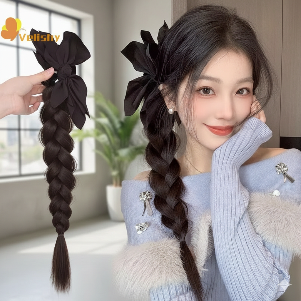 Long Braids Ponytail Bow Design Synthetic Hair Bun Wig Clip DIY Black Brown Pony Tail False Hair Ponytail For Women