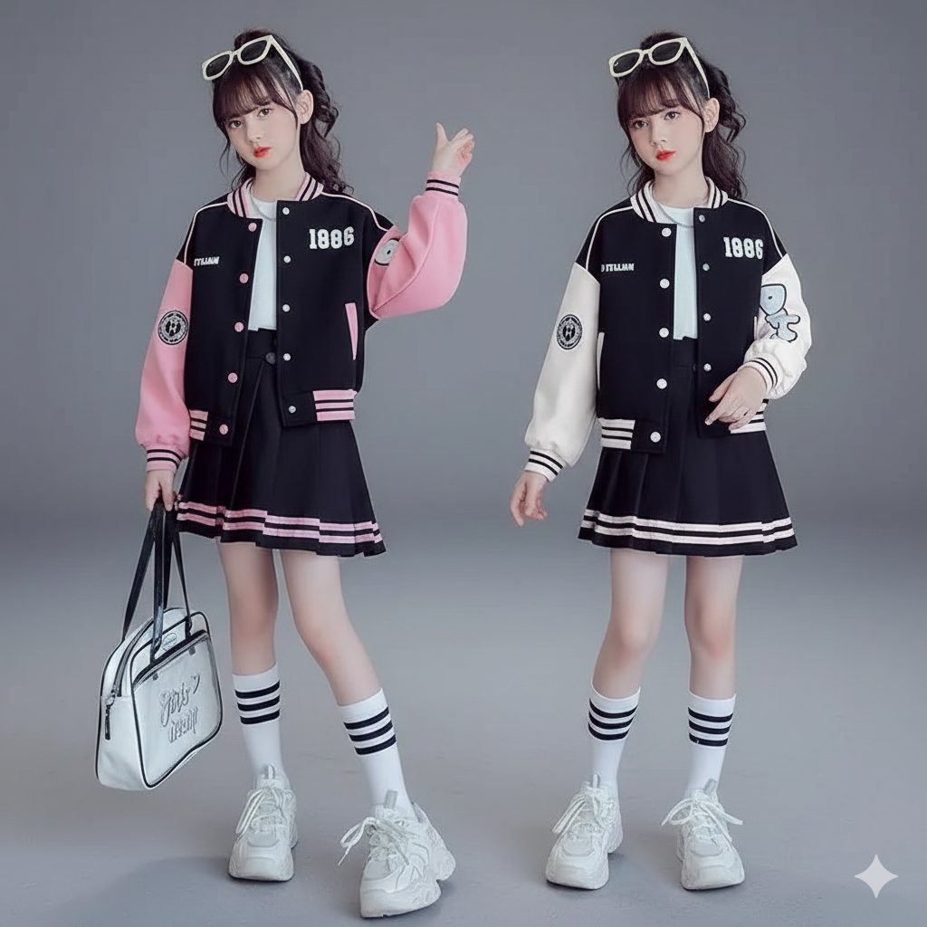 Girls Fashion Clothing Sets Spring Autumn Kids Baseball Sports Suit Children Jacket Pleated Skirt 2Pcs Student Uniform Outfits