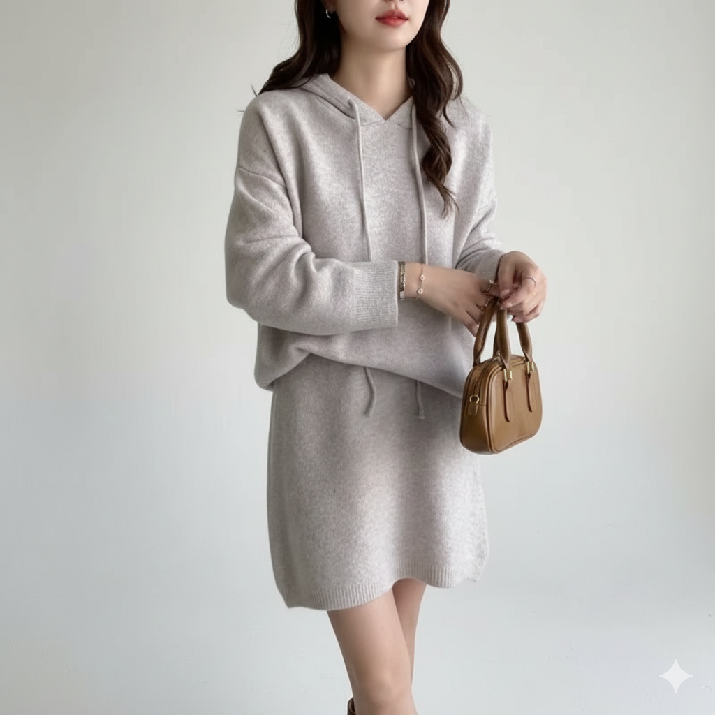 Korean Knitted Set Oversized Hooded Casual Knitted Set Pullover Mini Skirt Knitted Set Soft Comfortable Layered Two Piece
