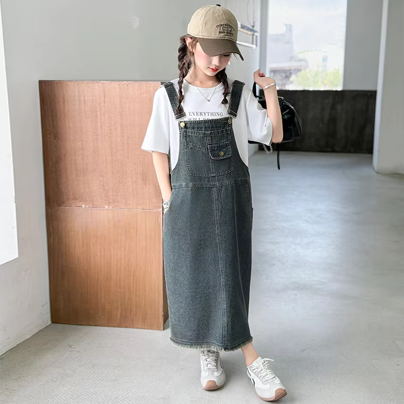 Kids Child Long Summer Denim Pinafore Dress for Girls Fashion Casual Strap Dress Korean Teenager Vintage Denim Overalls 5-14 Y