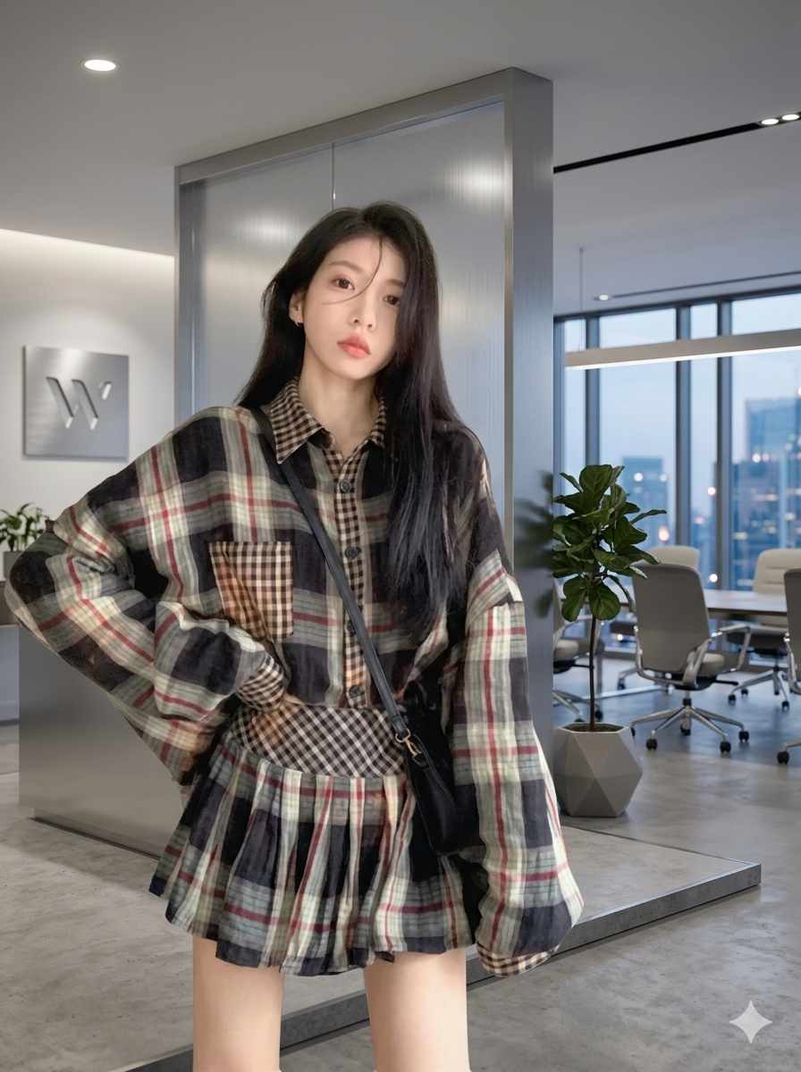 Sweet Cool Style Set - Loose Retro Plaid Shirt with Flared Skirt for Women, Fall Two-Piece Outfit