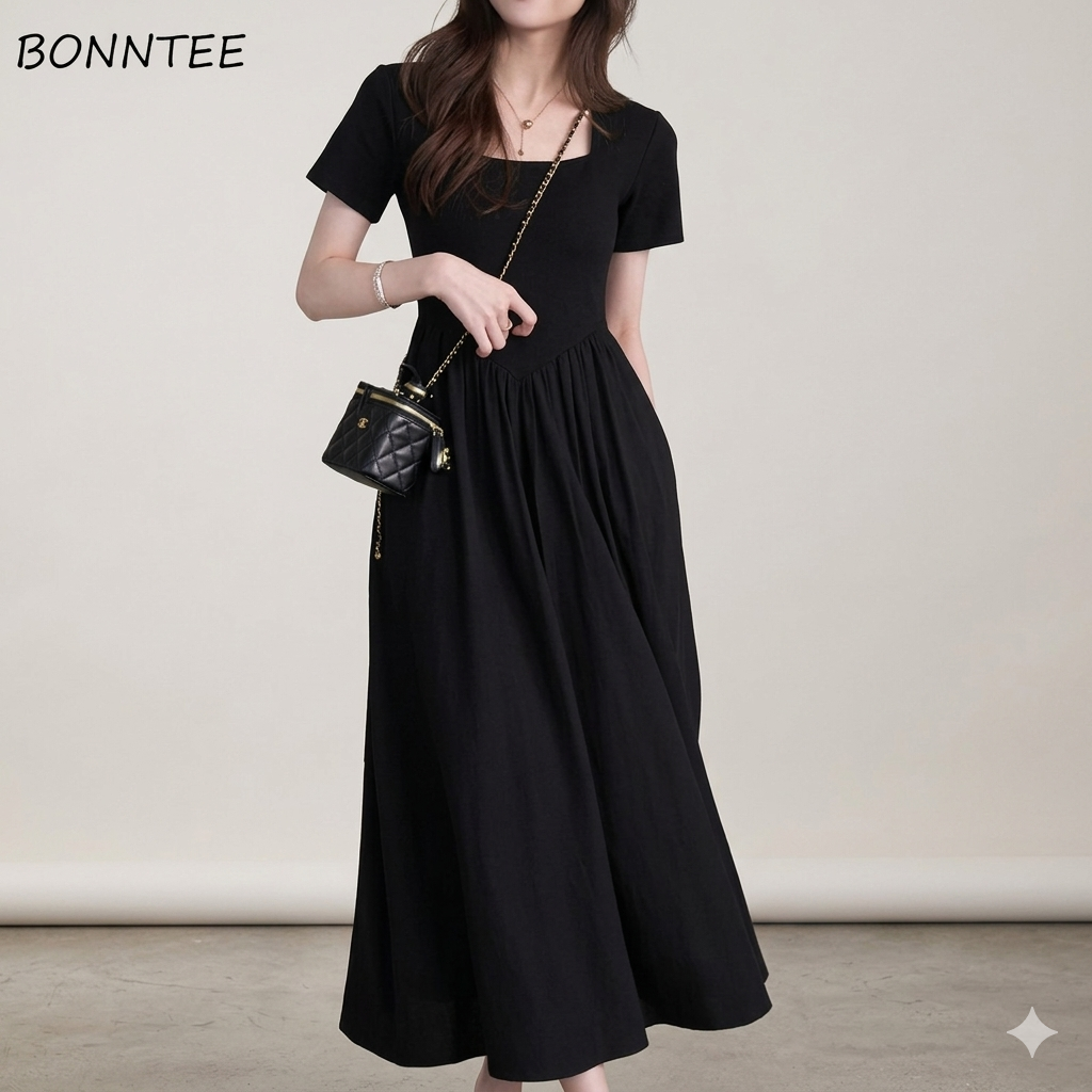 Square Collar Dresses Women Simple Daily Korean Fashion All-match 3XL Defined Waist Summer Short-sleeved Vestidos Trendy Ulzzang