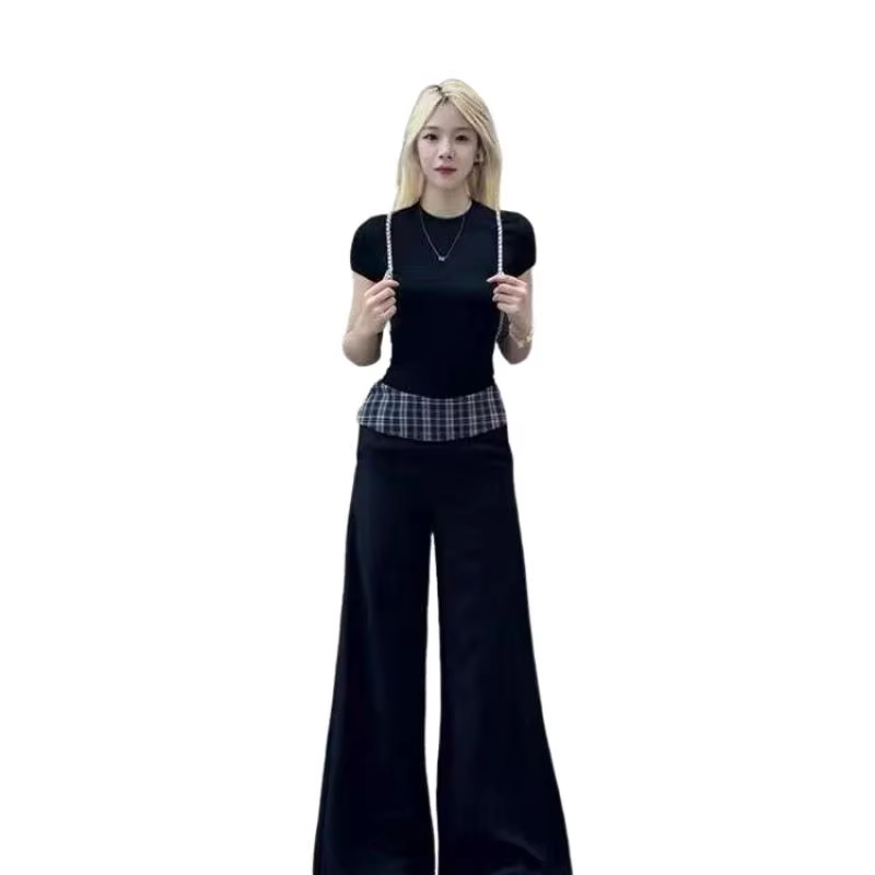 Women's Suit Fashion 2 Piece Set Short Sleeve Top Wide Leg Pants Cotton Women Summer Casual Elegant American Style Premium