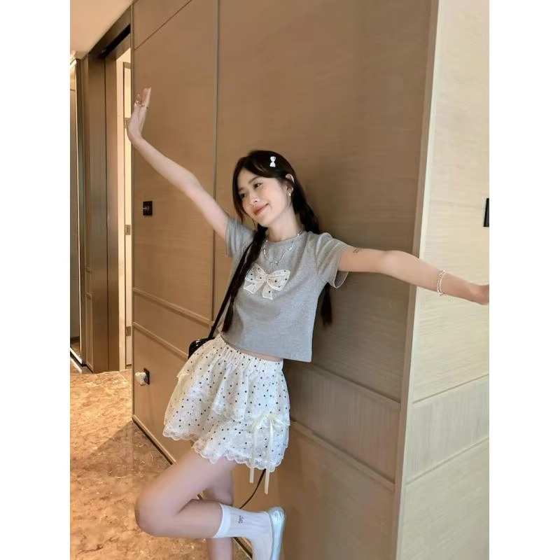 😊Womens Suit Fashion 2 Piece Set Short Sleeve T Shirt And High Waist Cake Skirt Lace Polka Dot Women Summer Bow Grey Casual Sweet